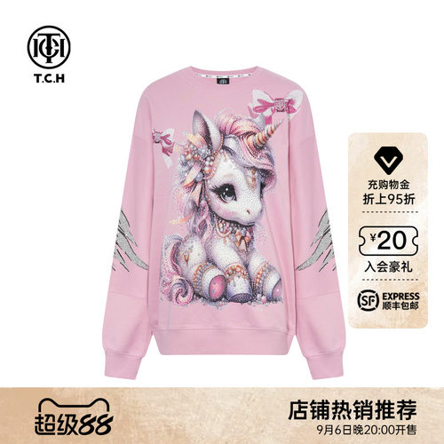 TCH潮牌烫钻2026早秋新款时尚宽松卡通粉色圆领卫衣T75C11E9002