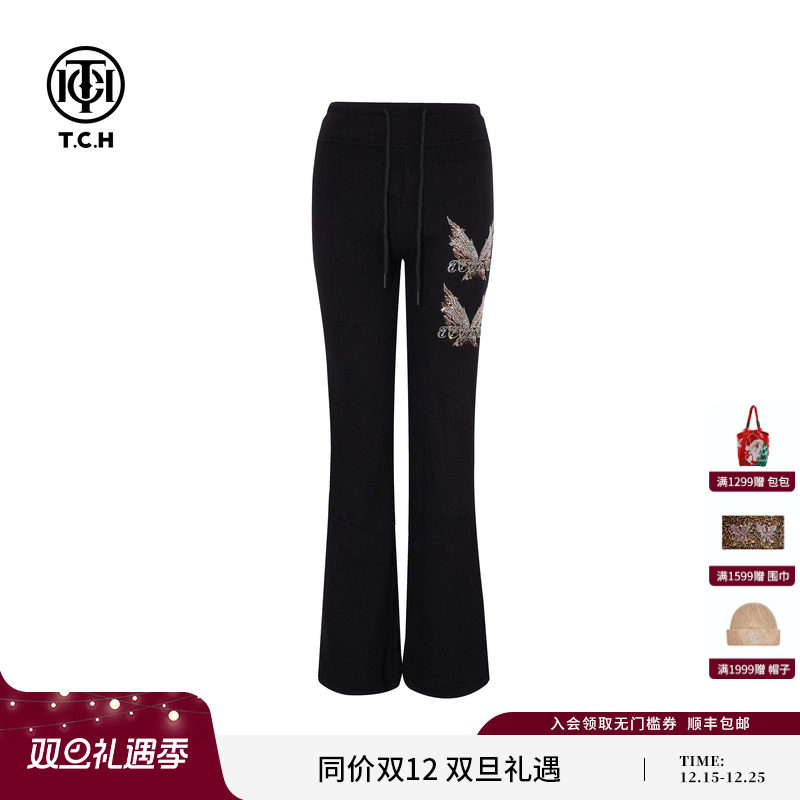 TCH蝴蝶烫钻百搭显瘦黑色加绒修身微喇裤女2025冬新款T75D20E1172
