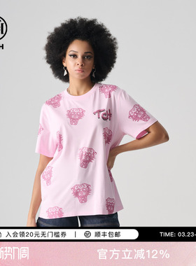 TCH设计感图案烫钻粉色短袖宽松时尚T恤女2025夏新款T72B106023