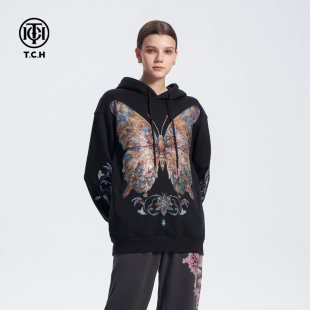 24秋冬新款 TCH燙鉆炫彩蝴蝶百搭時尚 寬松連帽衛(wèi)衣帽衫 男女同款