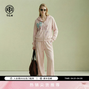 粉色套装 女T78A07E1145 潮牌蝴蝶结字母烫钻连帽外套休闲裤 TCH时尚