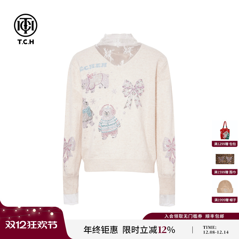 TCH2025冬季新款时尚烫钻蕾丝拼接半气质打底针织衫女T75D09E5079