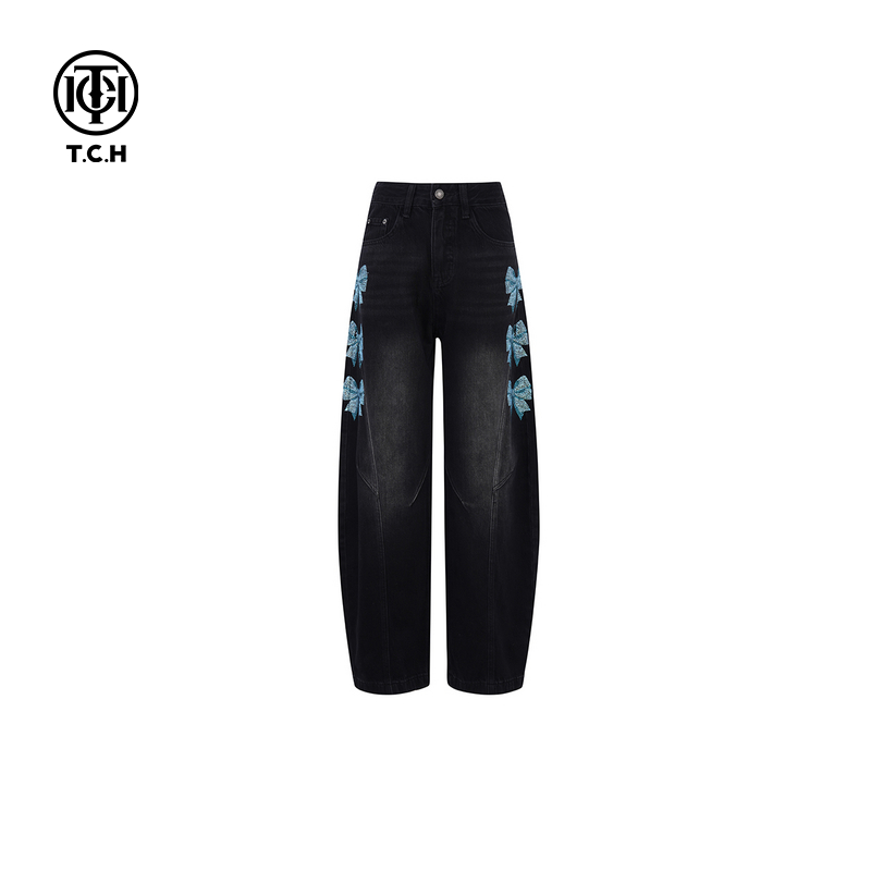 TCH私服轻奢潮牌蝴蝶结系列烫钻弯刀牛仔裤25年春夏T75A20E5003