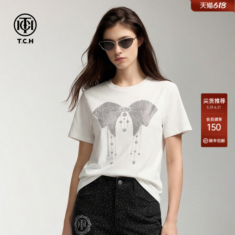 TCH时尚烫钻白色休闲舒适百搭纯棉短袖T恤女春夏新款T78A10E1031