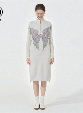 TCH宽松立领半拉链烫钻羽翼长袖针织中长款连衣裙女T78A30E1029