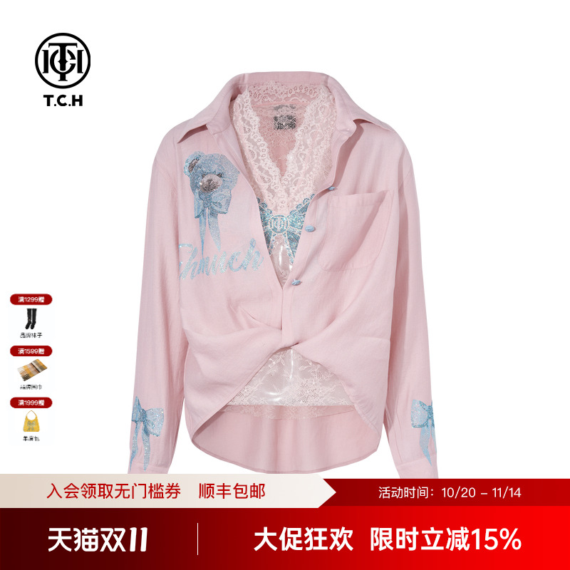 TCH私服烫钻小熊时尚潮流蕾丝内搭衬衫外套25夏季新款T75A07E5032