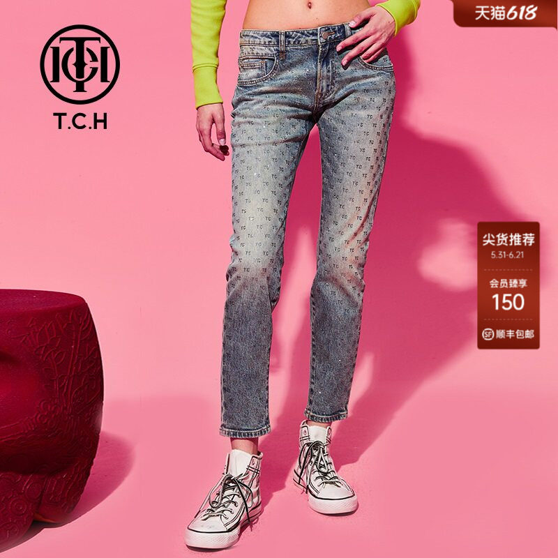 TCH轻奢潮牌春季新款烫钻弹力修身牛仔长裤T69D208013
