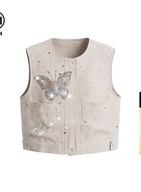 TCH【100%亚麻】烫钻蝴蝶马甲女春夏款设计感无袖上衣T75B01E1009