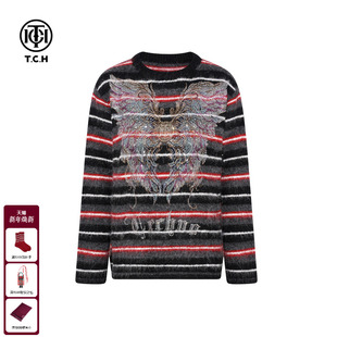 新款 上衣女2025冬季 T75D09E1212 烫钻条纹宽松休闲针织衫 TCH时尚