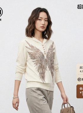 TCH烫钻白色蕾丝拼接连帽休闲百搭针织衫2026春款女T78A09E1167