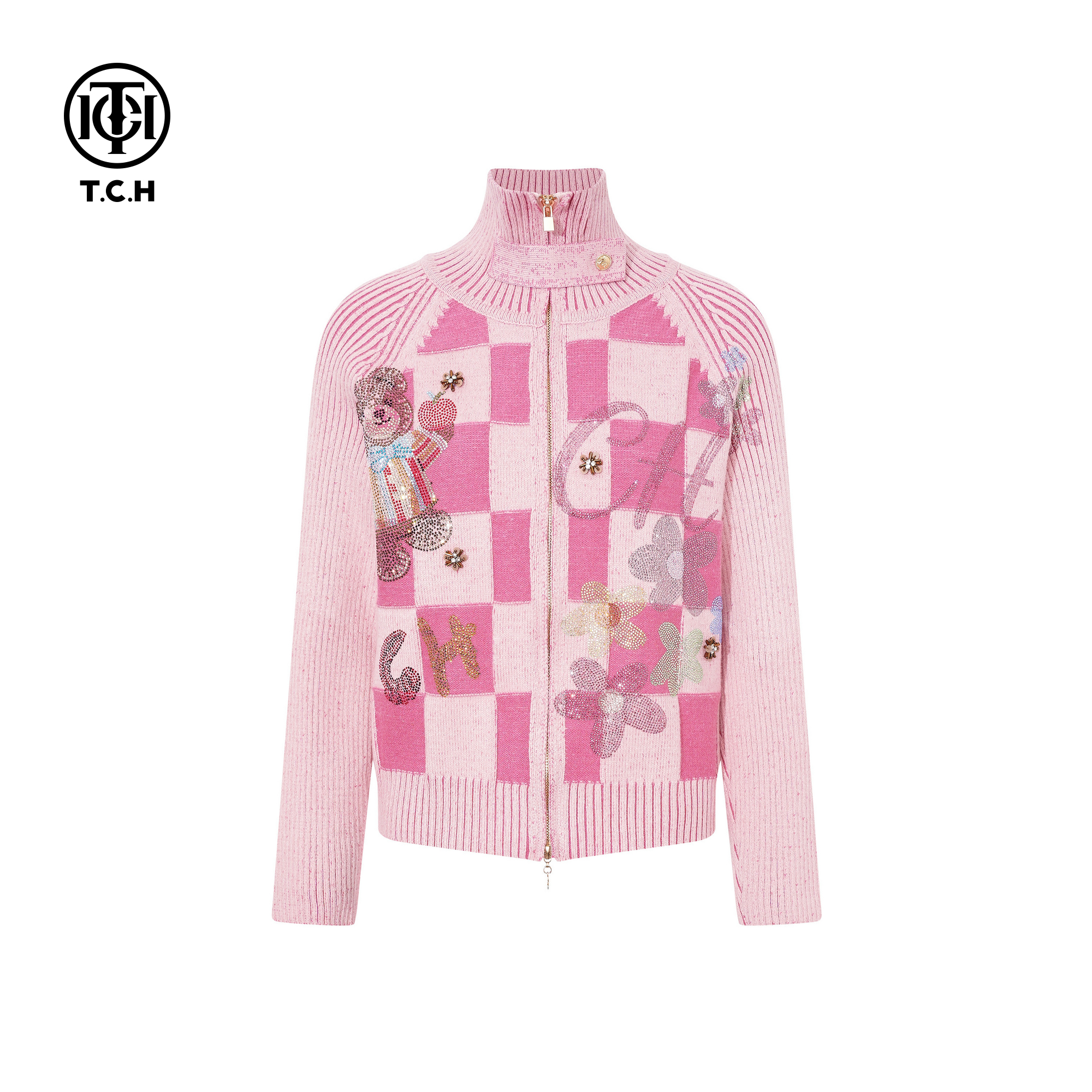 TCH2025冬季新款时尚烫钻粉色拉链立领针织开衫外套女T75D43E1059