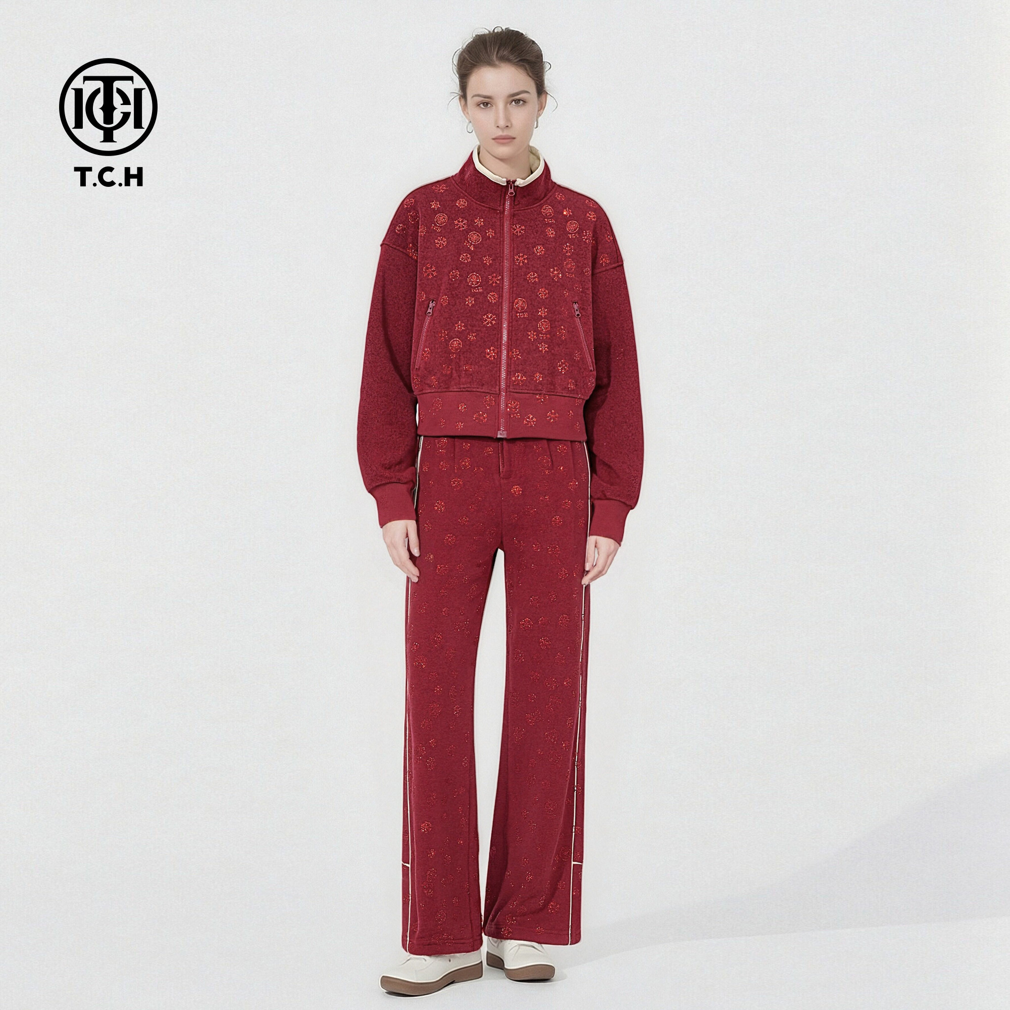 TCH2026春季新款红色新年套装烫钻立领外套休闲长裤女T78A07E1006,女装/女士精品,时尚套装,淘宝优惠券,粉丝福利购,淘宝优惠卷