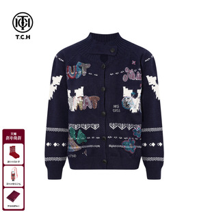 TCH秋冬复古保暖毛衣女藏青色提花烫钻软糯针织开衫 女T75D43E1113