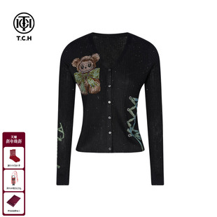 TCH私服卡通烫钻早秋修身 上衣女T75C43E5030 显瘦百搭V领针织开衫