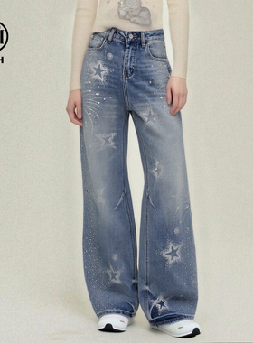 TCH2026春夏新款时尚烫钻星辰泼墨蓝色直筒显瘦牛仔裤T78A20E1071