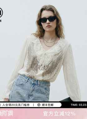 TCH设计感烫钻羽翼荷叶边V领米色宽松长袖气质衬衫女T78A13E1028
