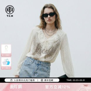 TCH设计感烫钻羽翼荷叶边V领米色宽松长袖 女T78A13E1028 气质衬衫