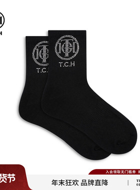 TCH潮牌镶钻logo耐穿袜子舒适透气中筒袜爆款黑色袜子T75D55E1030