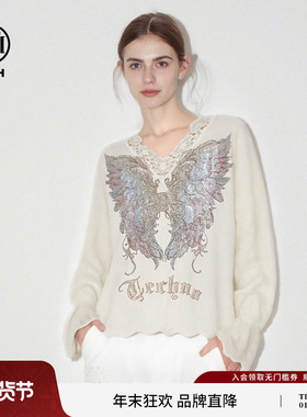 TCH温柔风烫钻提花蕾丝边V领领针织衫女2025冬季新款T75D09E1289