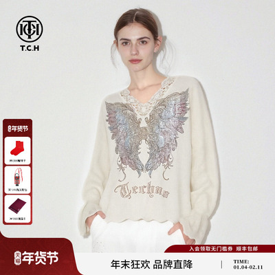TCH温柔风烫钻提花蕾丝边V领针织衫女2025冬季新款T75D09E1289