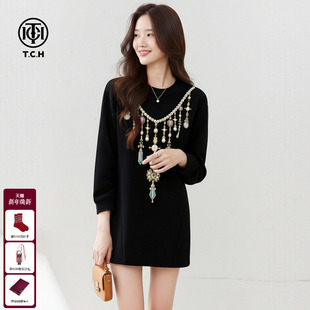 卫衣女秋冬T75C11B1010 圆领长款 TCH高奢华丽宝石质感烫钻 100%棉