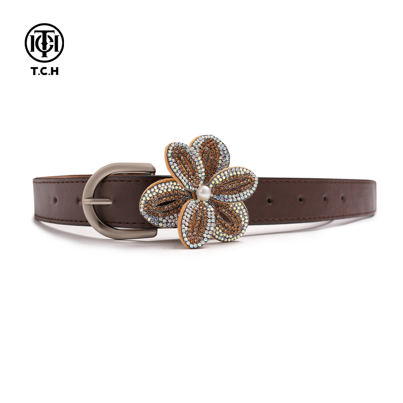 TCH 轻奢烫钻咖色简约百搭腰带女装饰裤带T75D68E1009