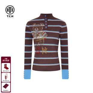 女T75D09E5051 显瘦针织衫 TCH秋冬时尚 烫钻咖色条纹撞色半高领修身