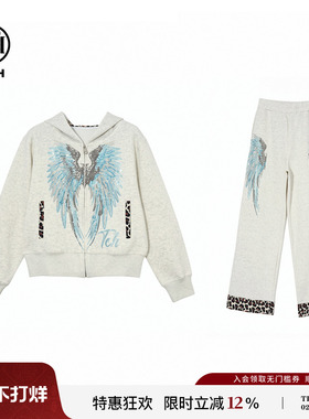 TCH烫钻翅膀连帽外套女休闲拼接阔腿裤套装26春季新款T78A07E1052