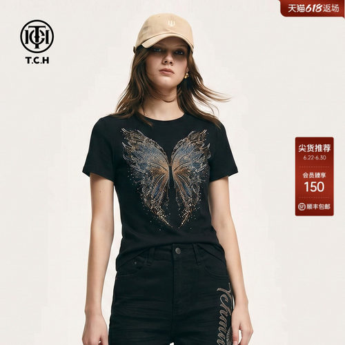 TCH蝴蝶烫钻显瘦百搭短袖T恤