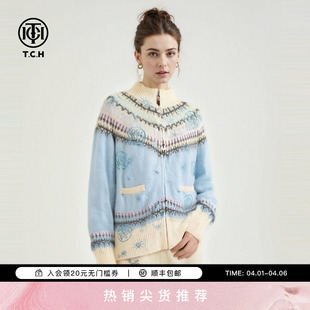 外套T78A43E1008 TCH费尔岛马海毛毛衣女烫钻立领保暖拉链针织衫