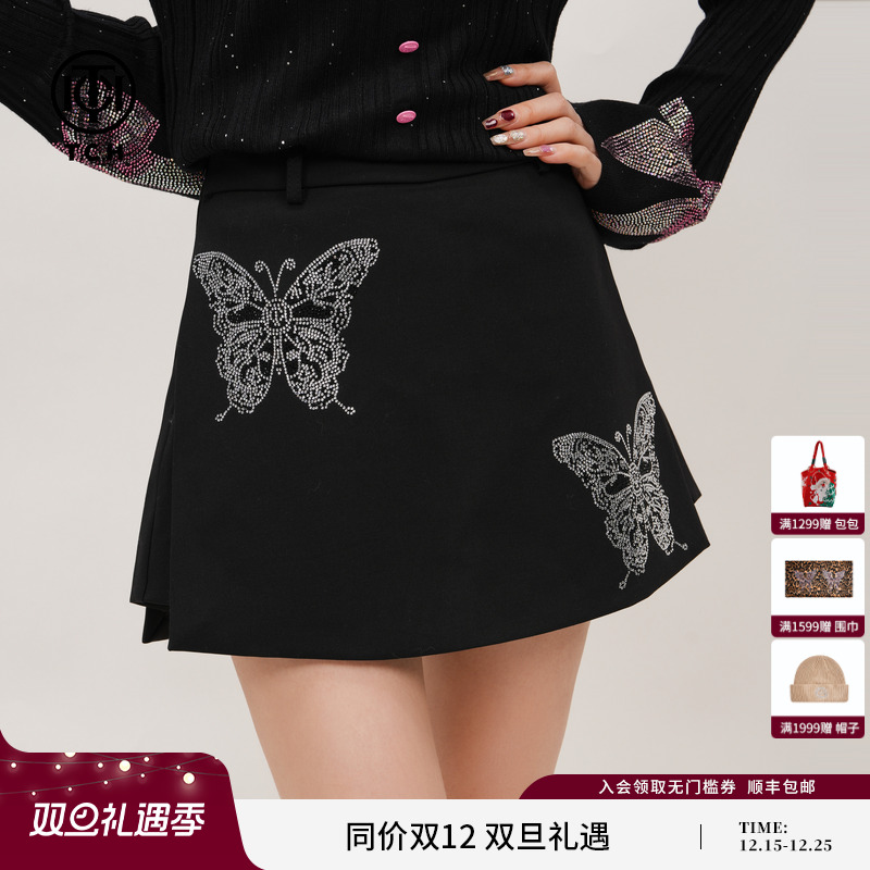 TCH灵动蝴蝶烫钻黑色裙裤女2025秋季新款遮肉显瘦短裤T75C21E1012