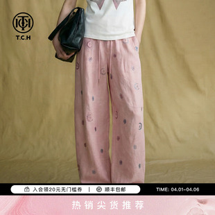 TCH2026夏季 时尚 烫钻慵懒风粉色亚麻弯刀休闲裤 女T78B20E1001 新款