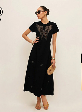 TCH翅膀烫钻A字收腰连衣裙女气质百搭显瘦黑色长裙夏T78A30E1076