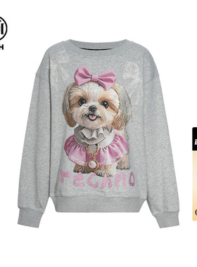 TCH轻奢可爱小狗烫钻早秋休闲百搭宽松圆领灰色卫衣女T75C11E9022