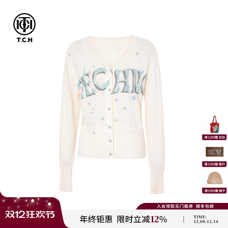 TCH私服烫钻25秋冬时尚气质蕾丝边V领显瘦针织开衫女T75D43E1043