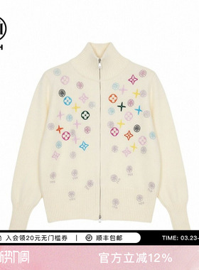 TCH2026春季新款韩系烫钻立领米色拉链针织开衫外套女T78A43E1037