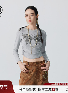 TCH秋新款烫钻蝴蝶长袖T恤女时尚收腰显瘦打底衫T72C086001