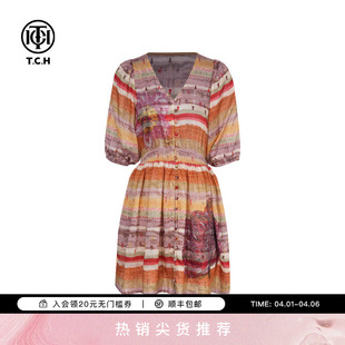 TCH烫钻海边度假风打揽收腰显瘦V领印花连衣裙女T75B30E1143
