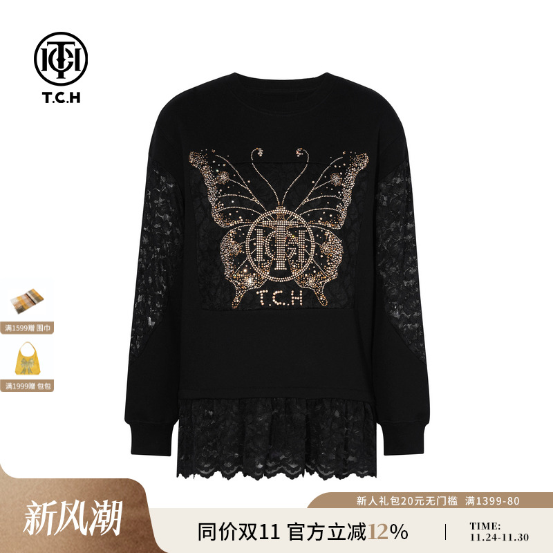 TCH私服烫钻设计感蕾丝拼接宽松洋气卫衣女25早秋新款T75C11B1015