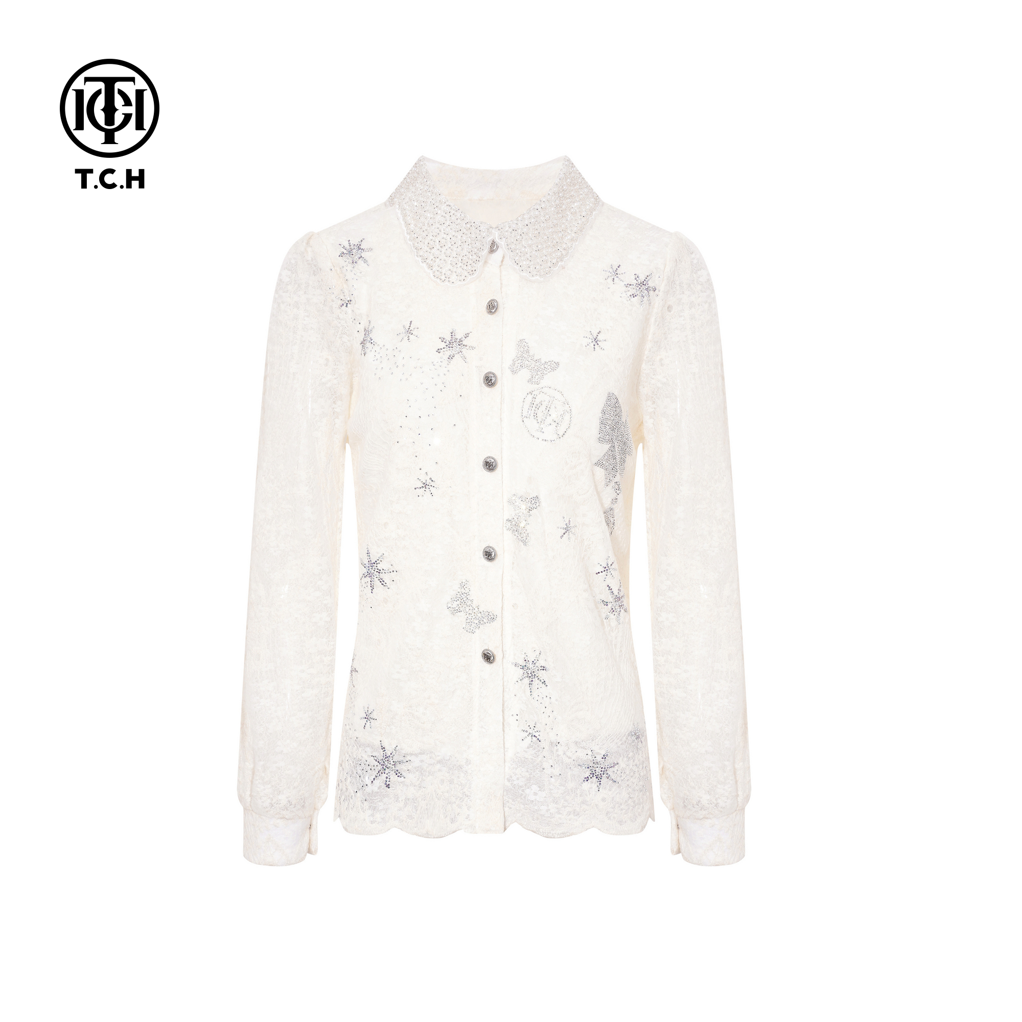 TCH百搭时尚烫钻米色气质叠穿蕾丝衬衫上衣女秋冬新款T75D13E5002