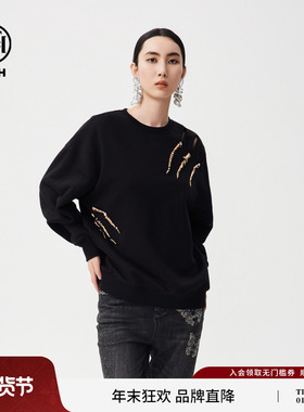 TCH2025春秋新款烫钻黑色卫衣男宽松休闲百搭圆领衫女T72C116007