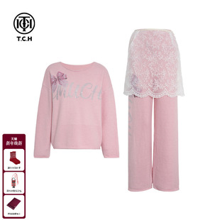 粉色套装 宽松长裤 女T75C07E1111 温柔气质毛针织衫 TCH私服烫钻时尚