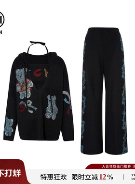 TCH2025冬季新款烫钻黑色连帽毛衣女针织背心长裤套装T75D07E5030