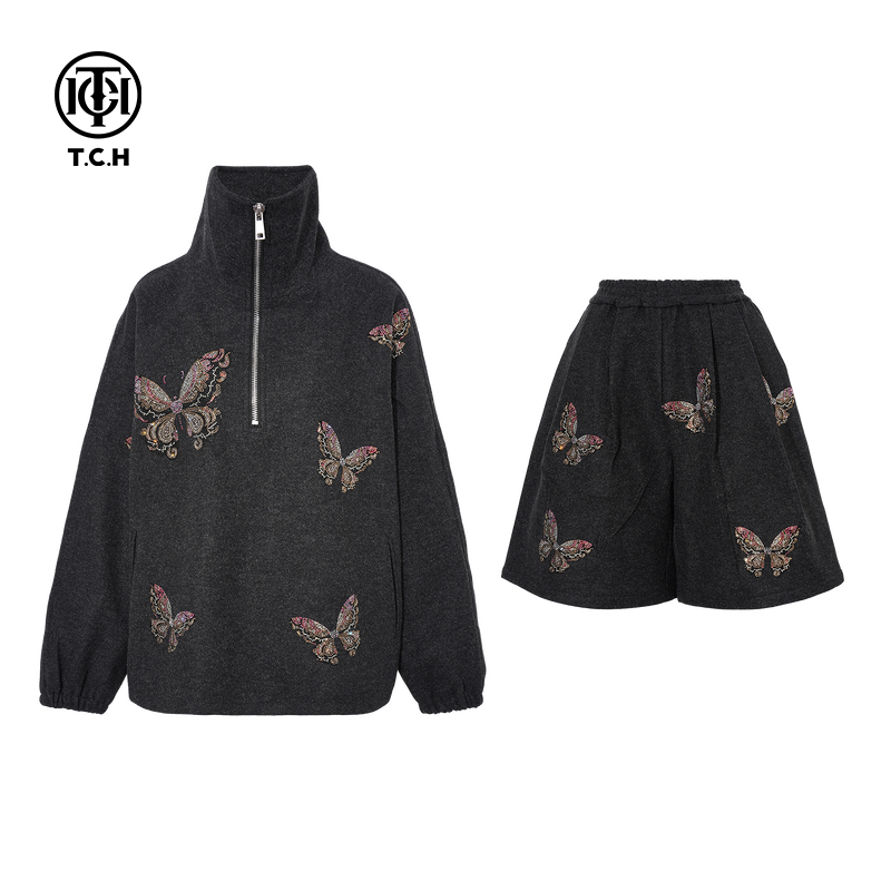 TCH私服2025冬季新款慵懒风烫钻时尚套头卫衣短裤套装T75D07E1045