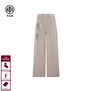 新款 女2025冬季 T75D20E1152 高街烫钻卡其色阔腿显瘦牛仔裤 TCH美式