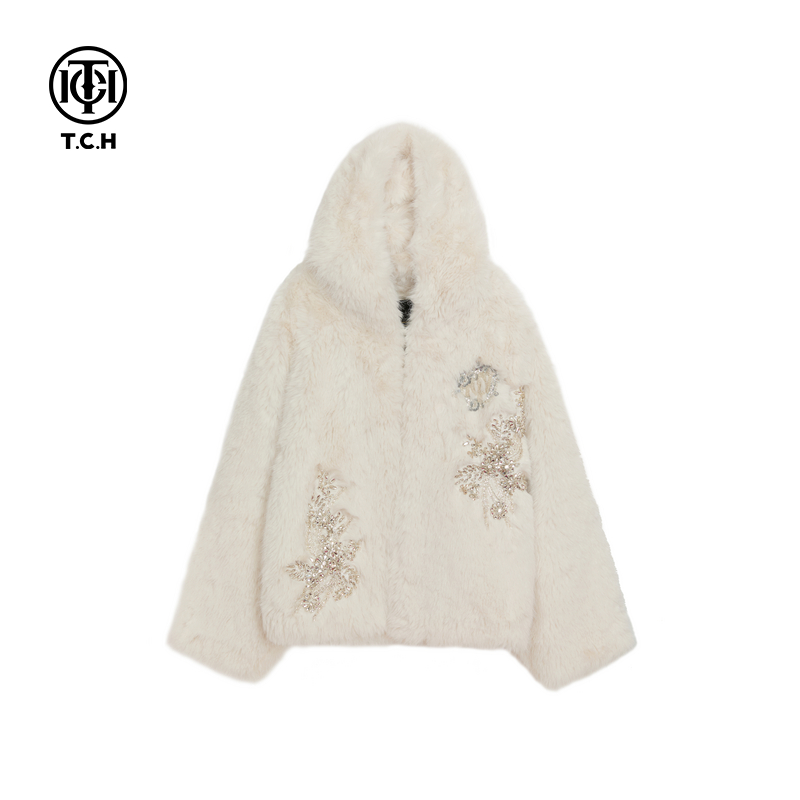 TCH高级感时髦重工设计烫钻皮草外套女慵懒保暖连帽毛毛秋冬外套