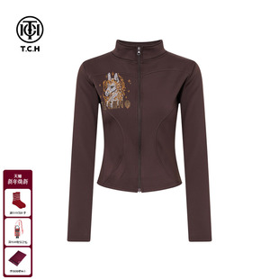 TCH秋冬百搭时尚 显瘦立领外套女T75D27E1057 烫钻咖色薄绒收腰修身