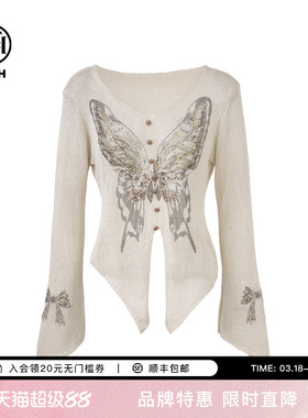 TCH私服烫钻蝴蝶V领时髦不规则针织衫女2025夏季新款T75A09E5058