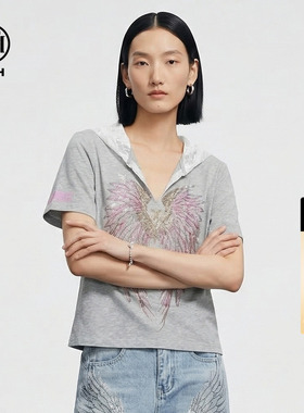 TCH烫钻灰色蕾丝连帽V领显瘦短袖T恤2026年春夏新款女T78A10E1015