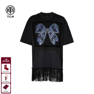 TCH私服蝴蝶结烫钻蕾丝拼接宽松韩版 T恤女夏T75C10B1010 显瘦短袖